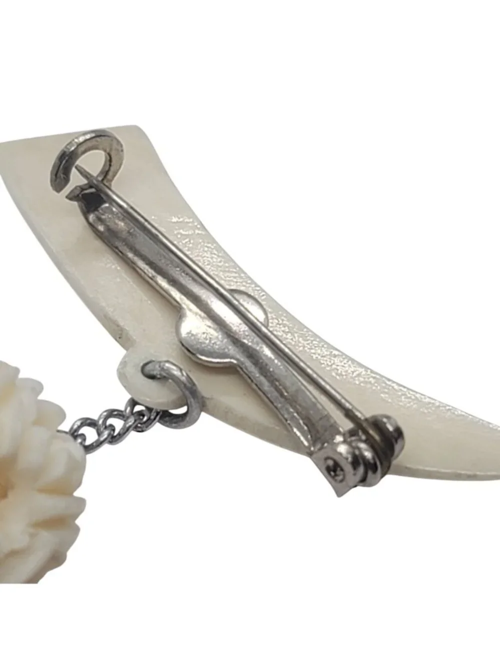 Vintage Carved Celluloid Horn Brooch Dangling Puzzle Ball Pendant Chain Accent